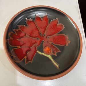 Floral Terra Cotta Enamel Studio Art Pottery Plate Trinket Dish Red Hibiscus 8"